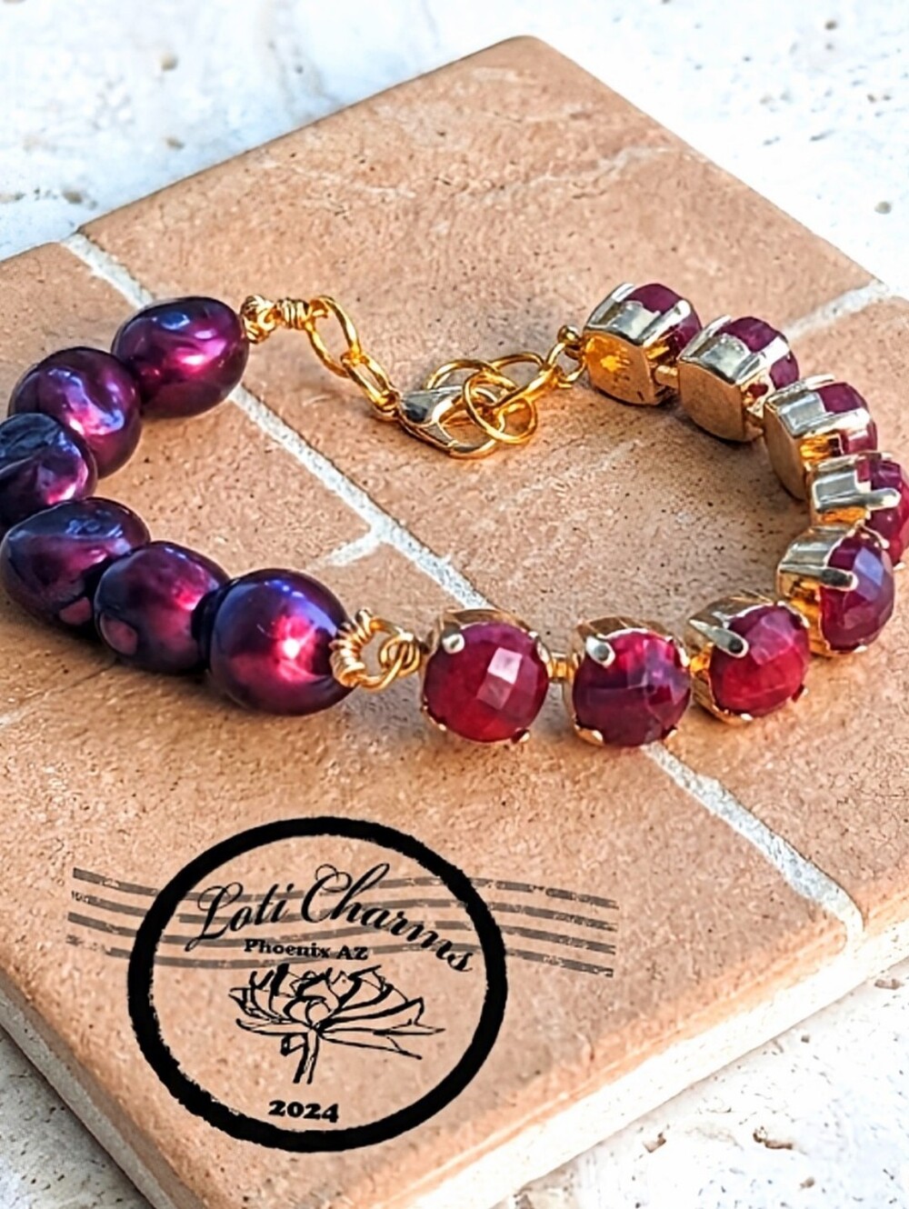 24 Total Carats Weight Natural Rough Ruby Wine Baroque Freshwater Pearl Bracelet
